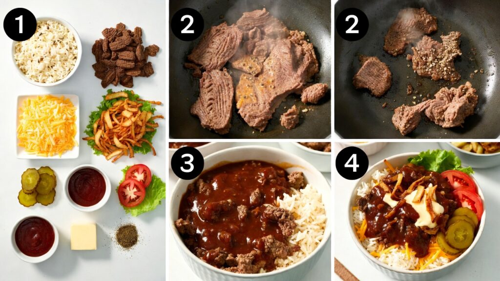 Step-by-step collage showing ingredients, cooked beef, saucy A.1. burger beef, and the finished steakhouse burger rice bowl.