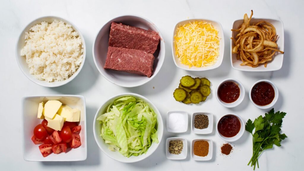Ingredients for A.1. steakhouse burger rice bowl including rice, ground beef, cheddar, crispy onions, pickles, lettuce, tomatoes, sauces, and seasonings.